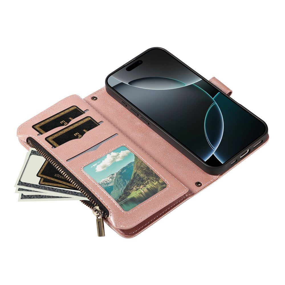 iPhone 17 Pro EIDERWOOD Flipcase m. 9 x Kortholder / Lynlåslomme / RFDI-Blokering / Rem - Rose Gold