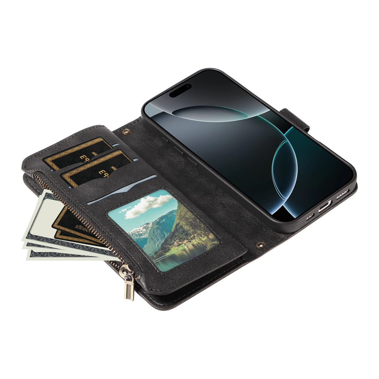 iPhone 17 EIDERWOOD Flipcase m. 9 x Kortholder / Lynlåslomme / RFDI-Blokering / Rem - Sort