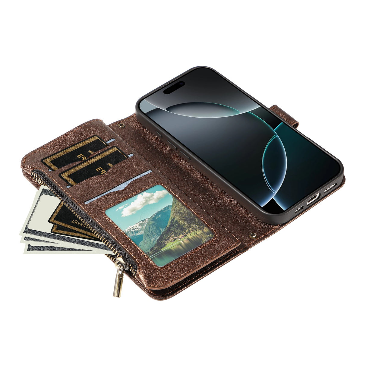 iPhone 17e / 16e EIDERWOOD Flipcase m. 9 x Kortholder / Lynlåslomme / RFDI-Blokering / Rem - Brun