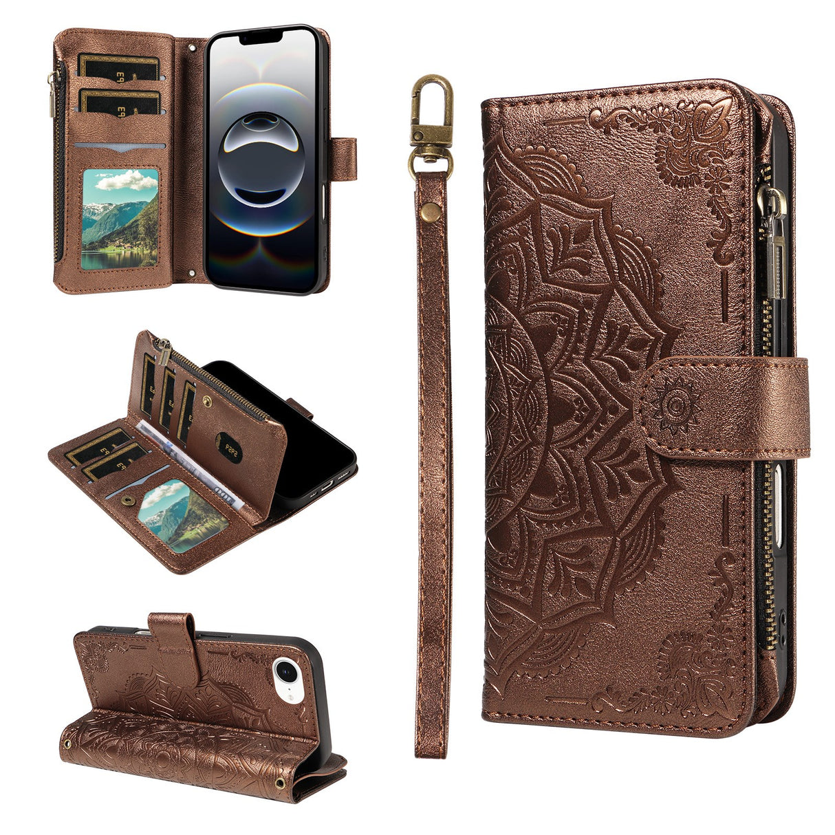 iPhone 17e / 16e EIDERWOOD Flipcase m. 9 x Kortholder / Lynlåslomme / RFDI-Blokering / Rem - Brun