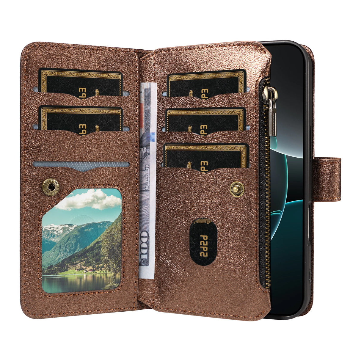 iPhone 17e / 16e EIDERWOOD Flipcase m. 9 x Kortholder / Lynlåslomme / RFDI-Blokering / Rem - Brun