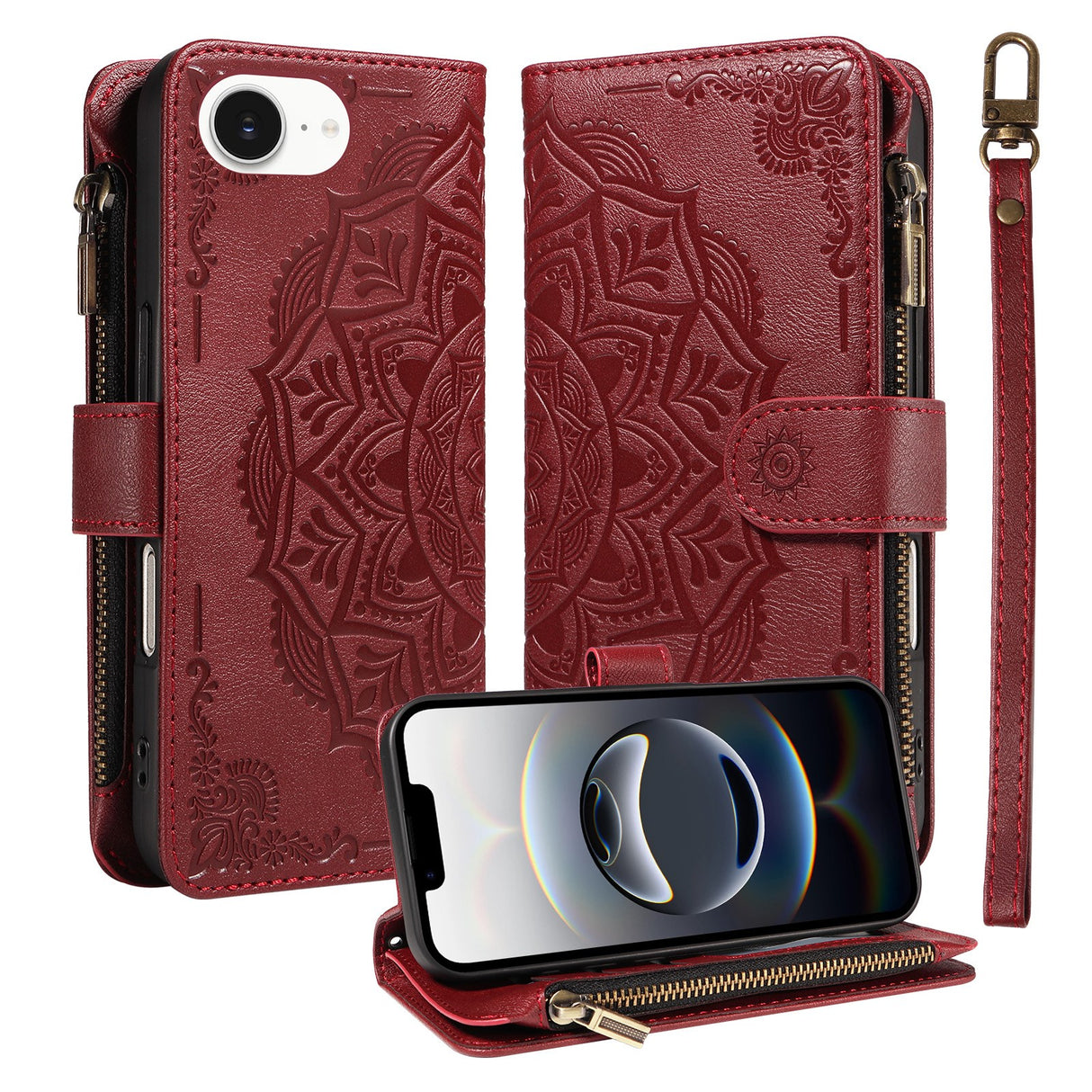 iPhone 17e / 16e EIDERWOOD Flipcase m. 9 x Kortholder / Lynlåslomme / RFDI-Blokering / Rem - Rød