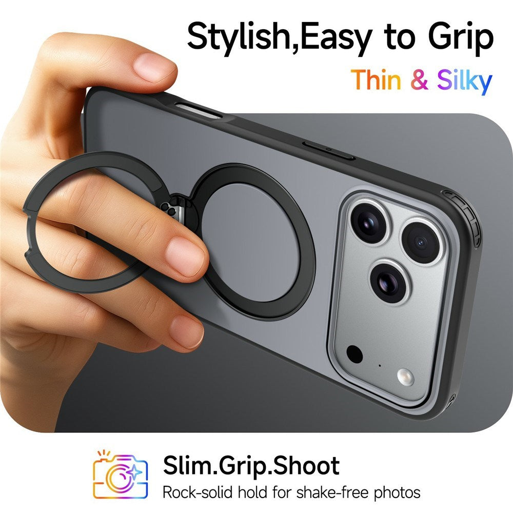 iPhone 18 Pro / 17 Pro EIDERWOOD Hybrid Plast Bagside Cover m. Roterende Kickstand - MagSafe Kompatibel - Sort