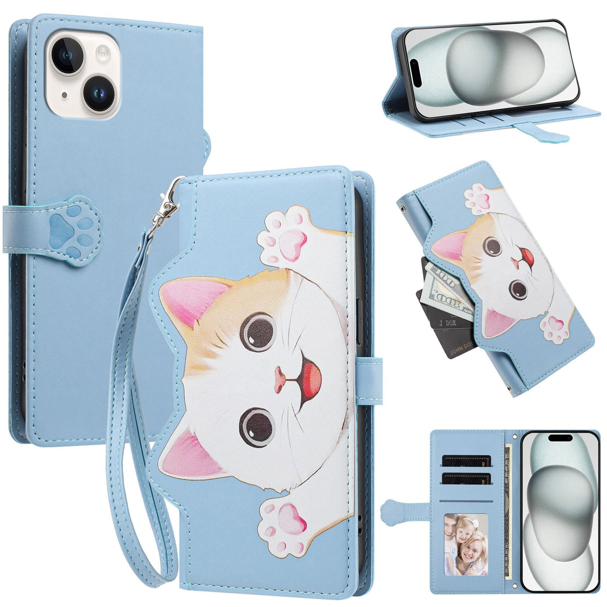 iPhone 14 / 13 Flip Cover - 3D Katteører - Kortholder - Ståfunktion - Blå