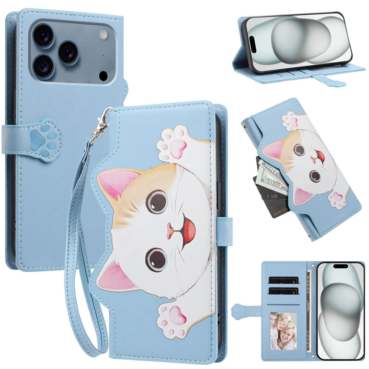 iPhone 18 Pro / 17 Pro Flip Cover - 3D Katteører - Kortholder - Ståfunktion - Blå