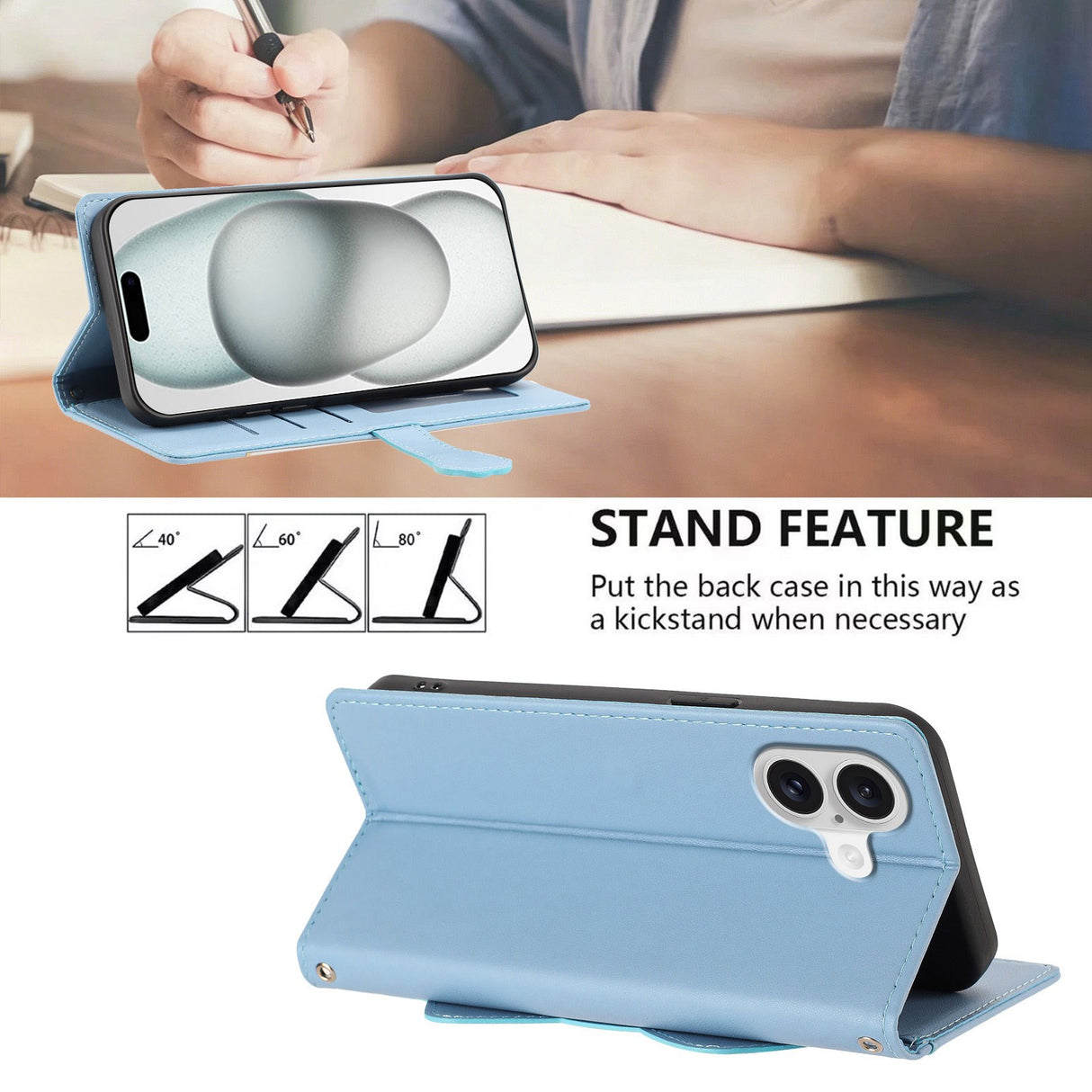 iPhone 18 / 17 Flip Cover - 3D Katteører - Kortholder - Ståfunktion - Blå