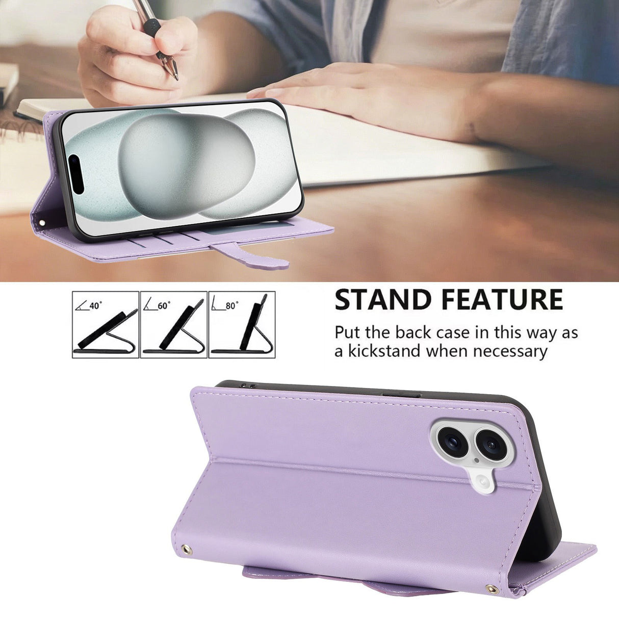 iPhone 18 / 17 Flip Cover - 3D Katteører - Kortholder - Ståfunktion - Lilla