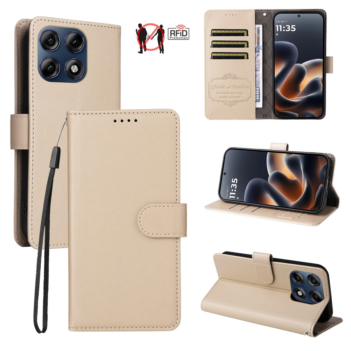 Motorola Edge 70 Pro EIDERWOOD Kunstlæder Flip Cover m. Strop & Ståfunktion - Beige