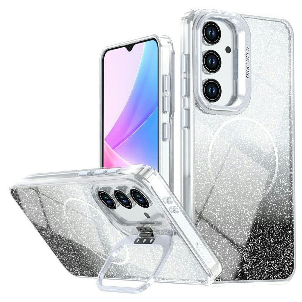 Samsung Galaxy S26 FE EIDERWOOD Hybrid Mobilcover m. Glitter & Kamera-Kickstand - Gennemsigtig / Sort