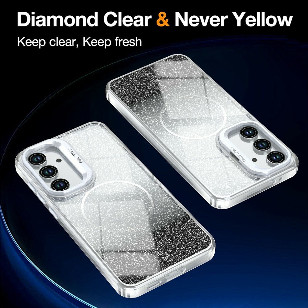 Samsung Galaxy S26 FE EIDERWOOD Hybrid Mobilcover m. Glitter & Kamera-Kickstand - Gennemsigtig / Sort