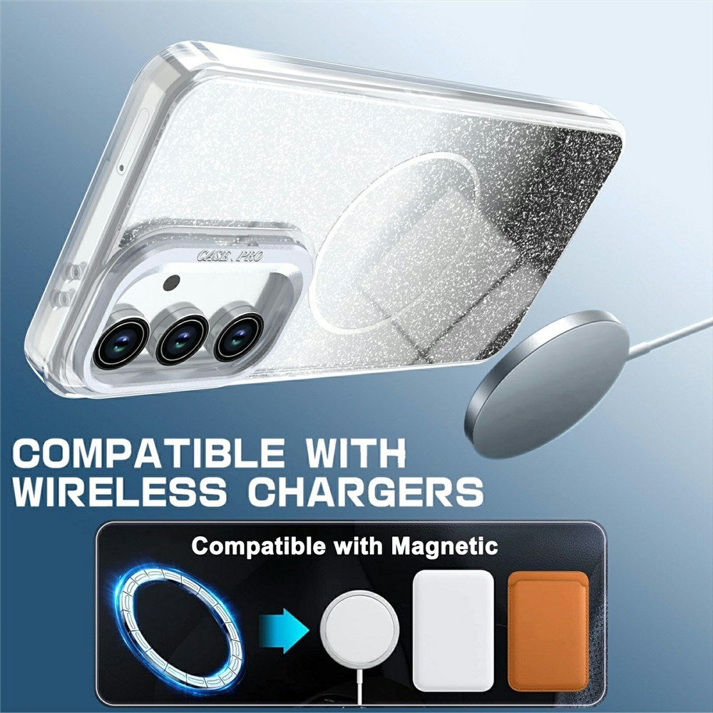 Samsung Galaxy S26 FE EIDERWOOD Hybrid Mobilcover m. Glitter & Kamera-Kickstand - Gennemsigtig / Sort