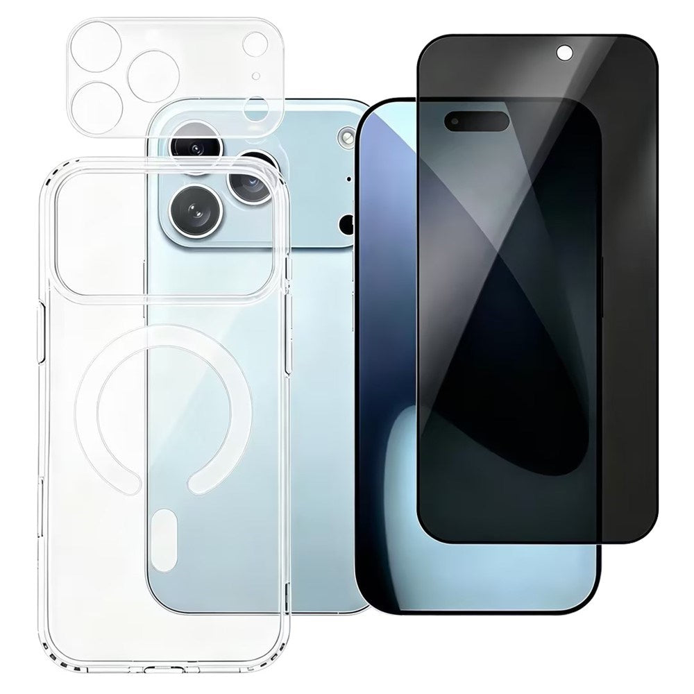 3 i 1 Beskyttelsessæt - iPhone 18 Pro - m. Privacy Skærmbeskyttelse | MagSafe Cover | Kameralinsebeskyttelse - Gennemsigtig / Sort