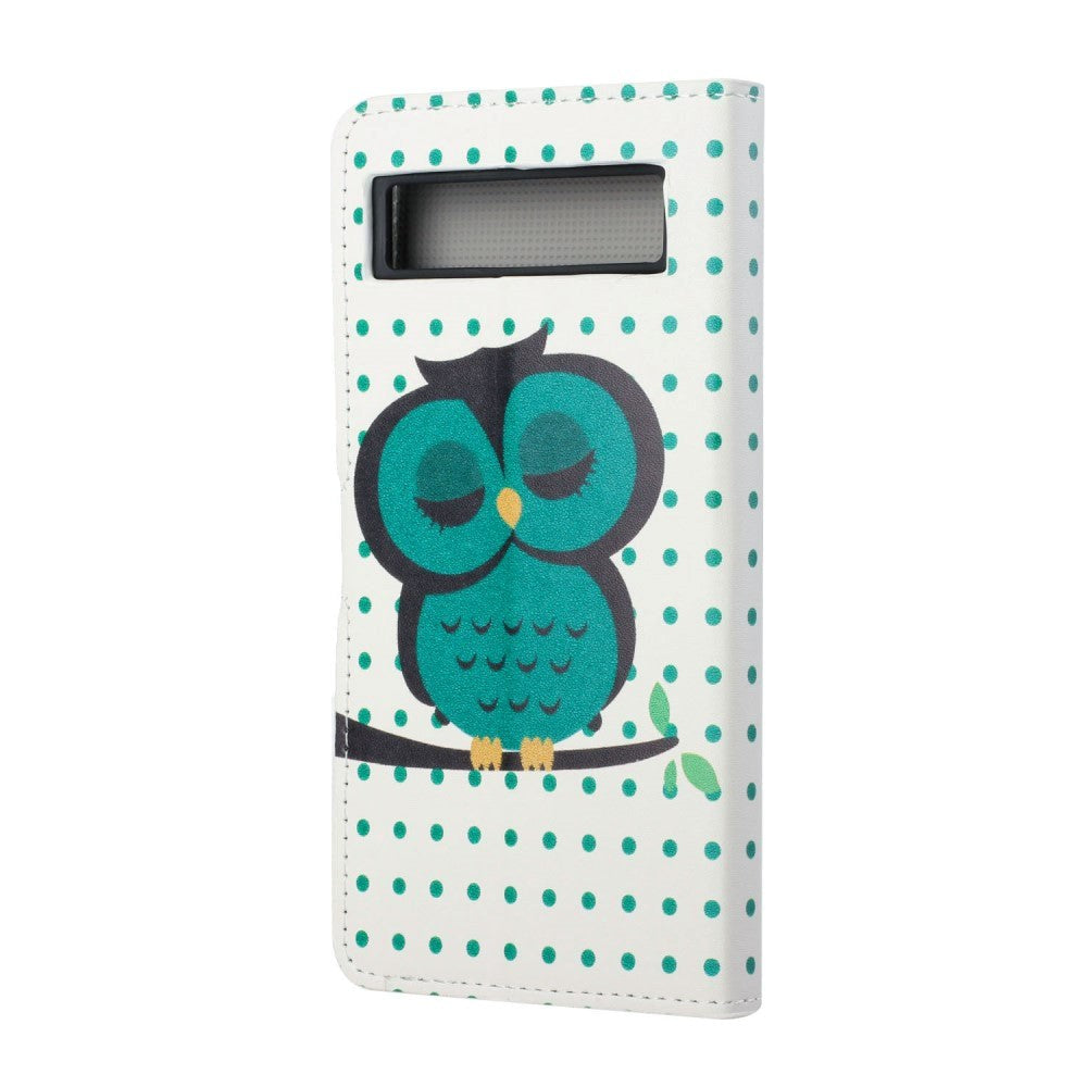 Google Pixel 7A Leather Flip Cover m. Lommebok og stativfunksjon - Sovende ugle