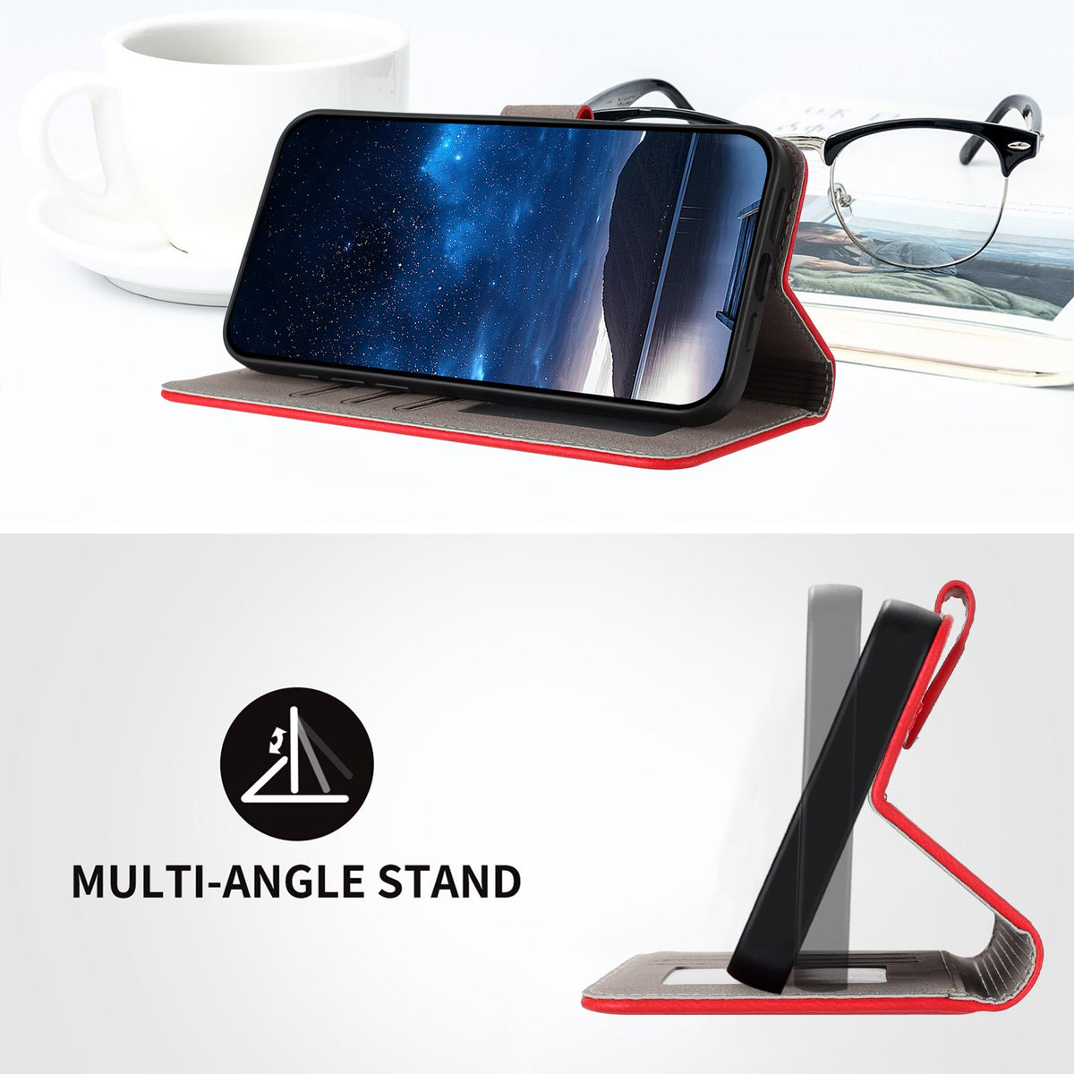 EIDERWOOD Xiaomi Redmi 17 (5G) / (4G) Kunstlæder Flip Mobil Cover med Kortholder og Ståfunktion - Rød