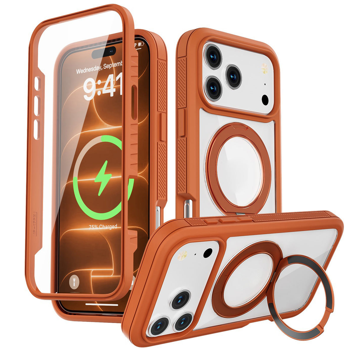 EIDERWOOD iPhone 18 Pro / 17 Pro Mobil Cover m. Skærmbeskyttelse og Kickstand - MagSafe Kompatibel - Orange / Gennemsigtig