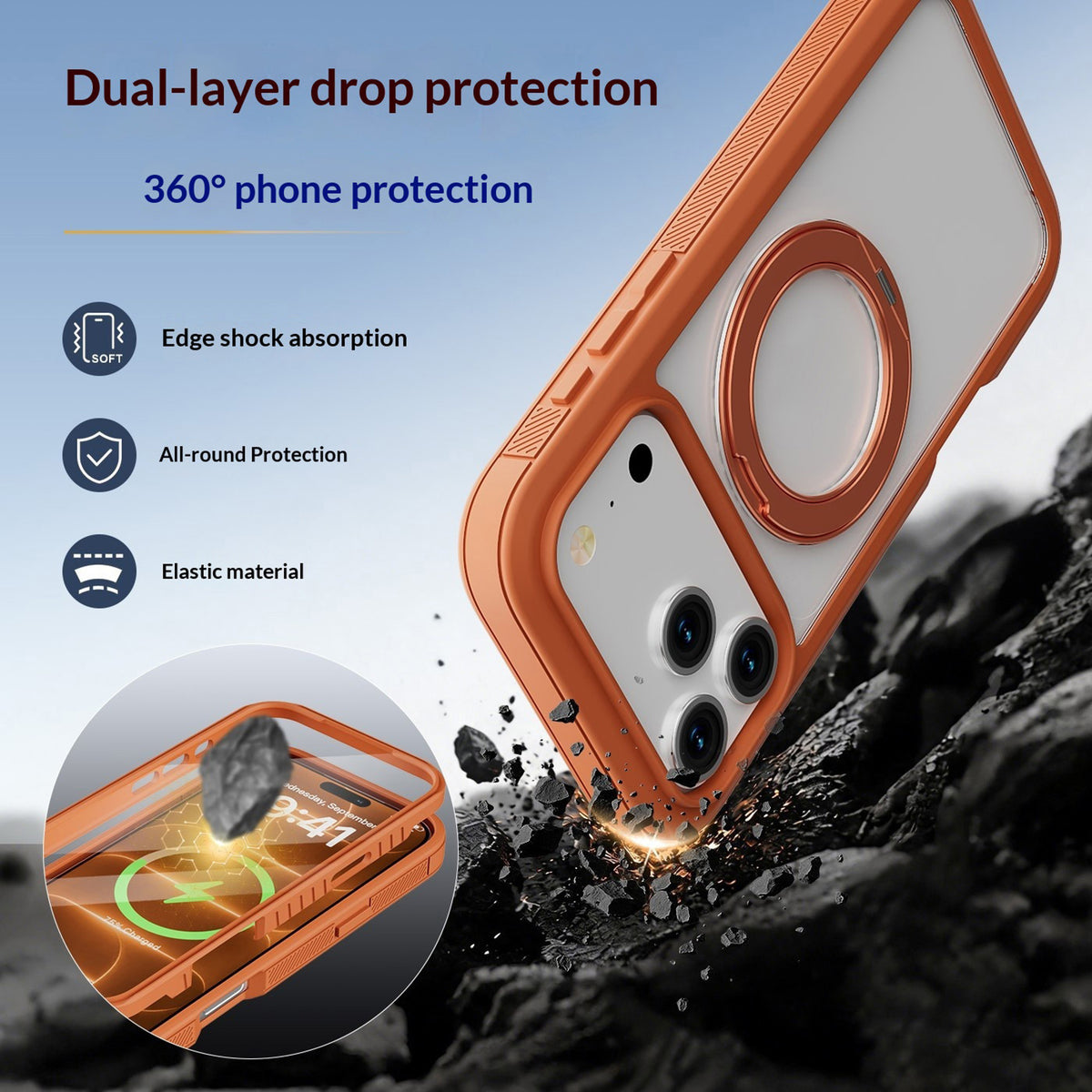 EIDERWOOD iPhone 18 Pro / 17 Pro Mobil Cover m. Skærmbeskyttelse og Kickstand - MagSafe Kompatibel - Orange / Gennemsigtig