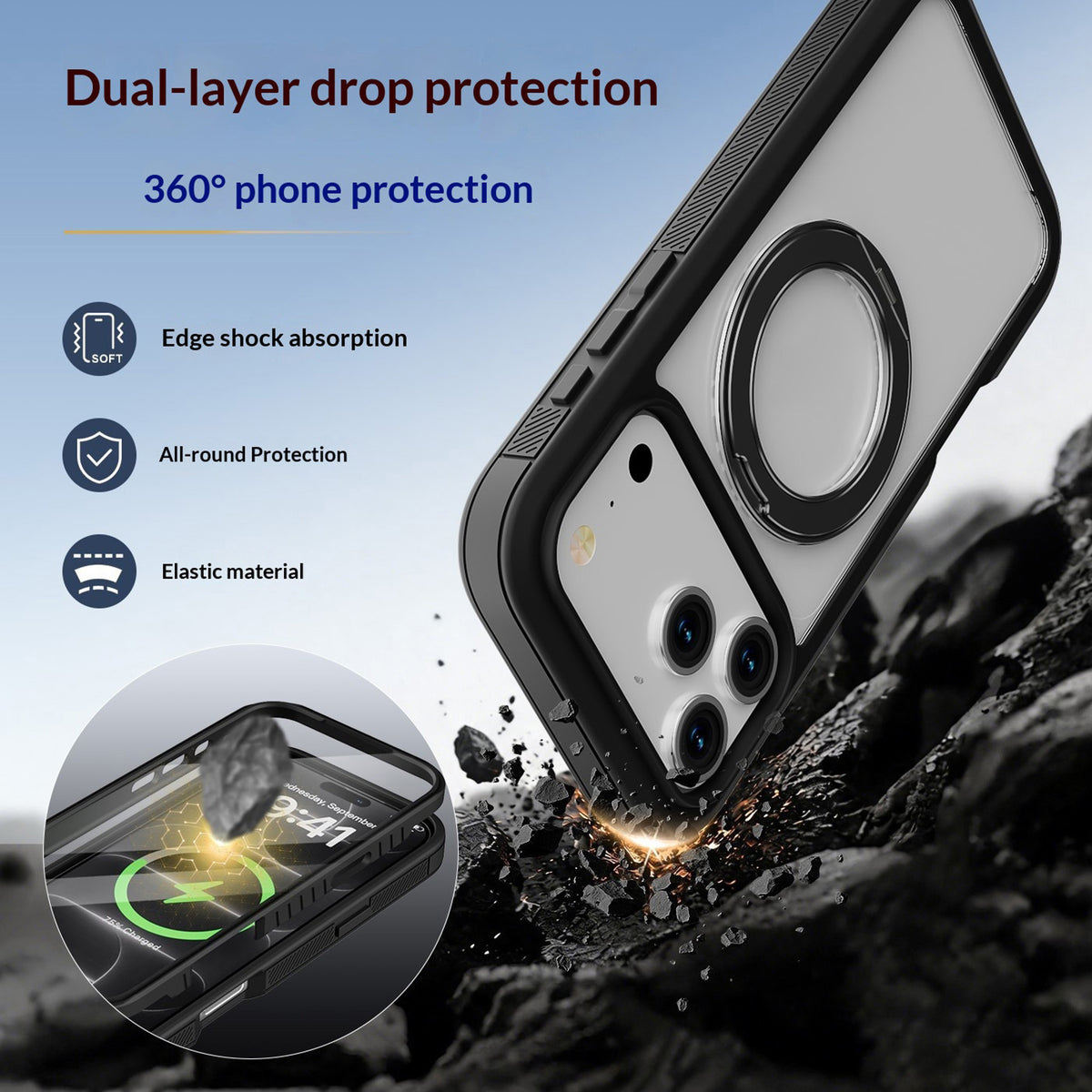 EIDERWOOD iPhone 18 Pro / 17 Pro Mobil Cover m. Skærmbeskyttelse og Kickstand - MagSafe Kompatibel - Sort /Gennemsigtig