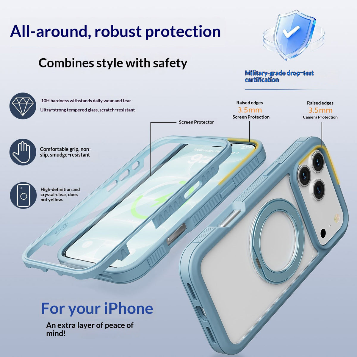 EIDERWOOD iPhone 18 Pro / 17 Pro Mobil Cover m. Skærmbeskyttelse og Kickstand - MagSafe Kompatibel - Blå / Gennemsigtig