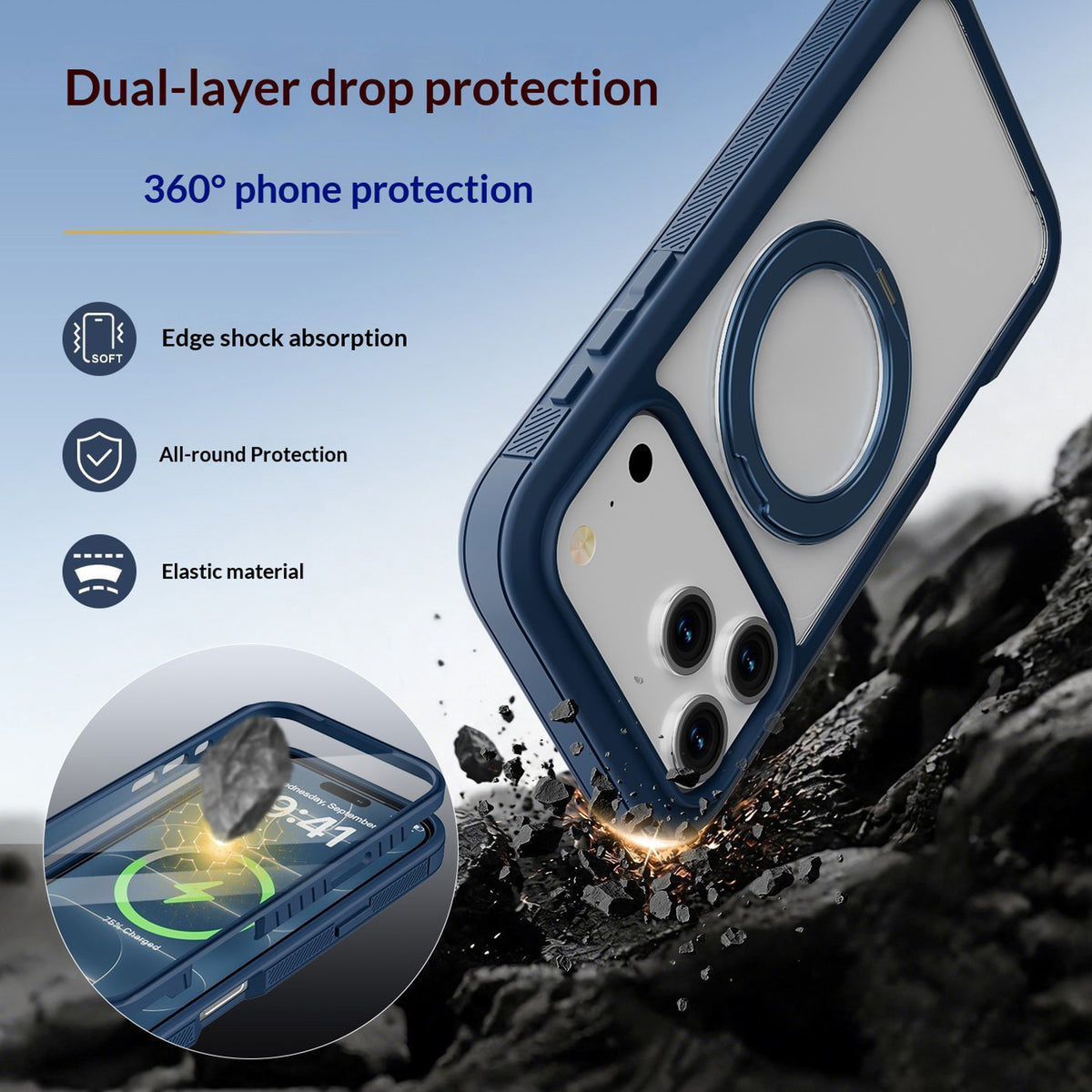EIDERWOOD iPhone 18 Pro / 17 Pro Mobil Cover m. Skærmbeskyttelse og Kickstand - MagSafe Kompatibel - Blå / Gennemsigtig