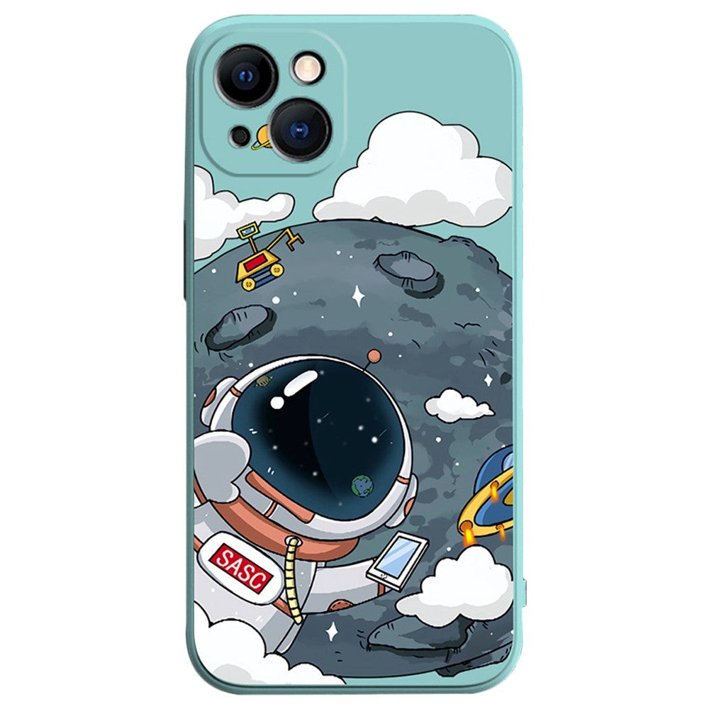 iPhone 14 fleksibelt bakdeksel laget av plast m. Print - Astronaut på månen / turkis