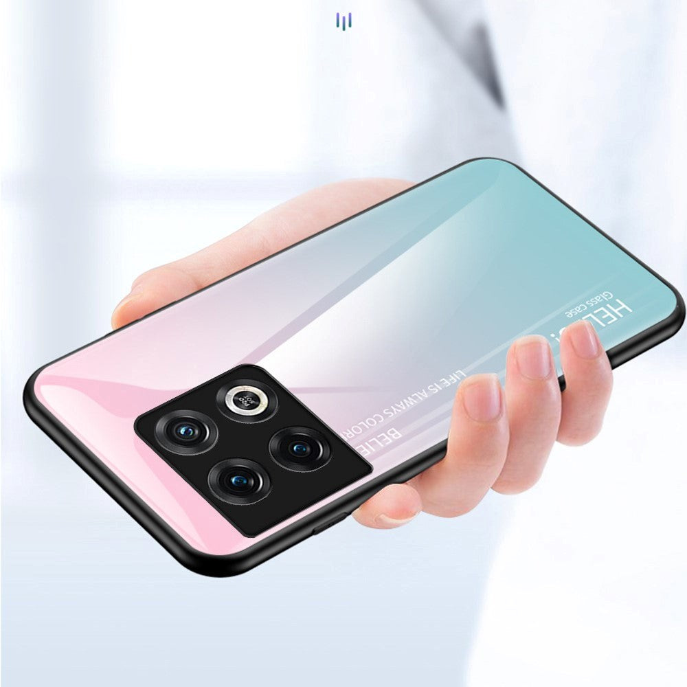 OnePlus 11 Glas Bagside Cover - Hello - Lyserød / Blå