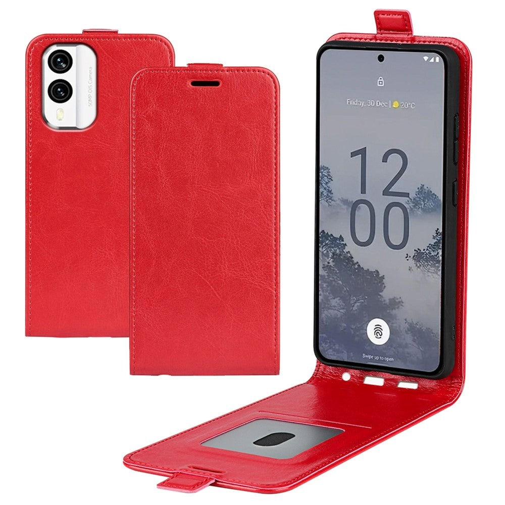 Nokia X30 Vertical Flip Leather Cover m. Kortholder - Rød