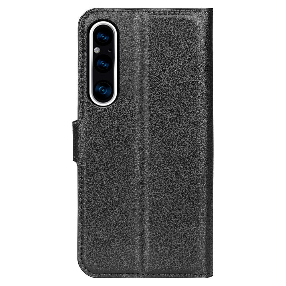 Sony Xperia 1 V Litchi Leather Flip Cover m. Lommebok - Svart