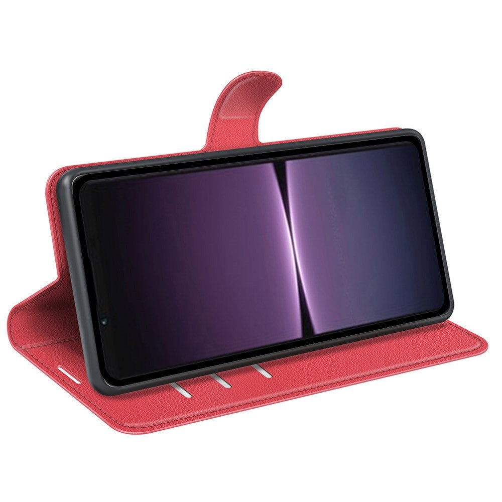 Sony Xperia 1 V Litchi Leather Flip Cover m. Lommebok - Rød