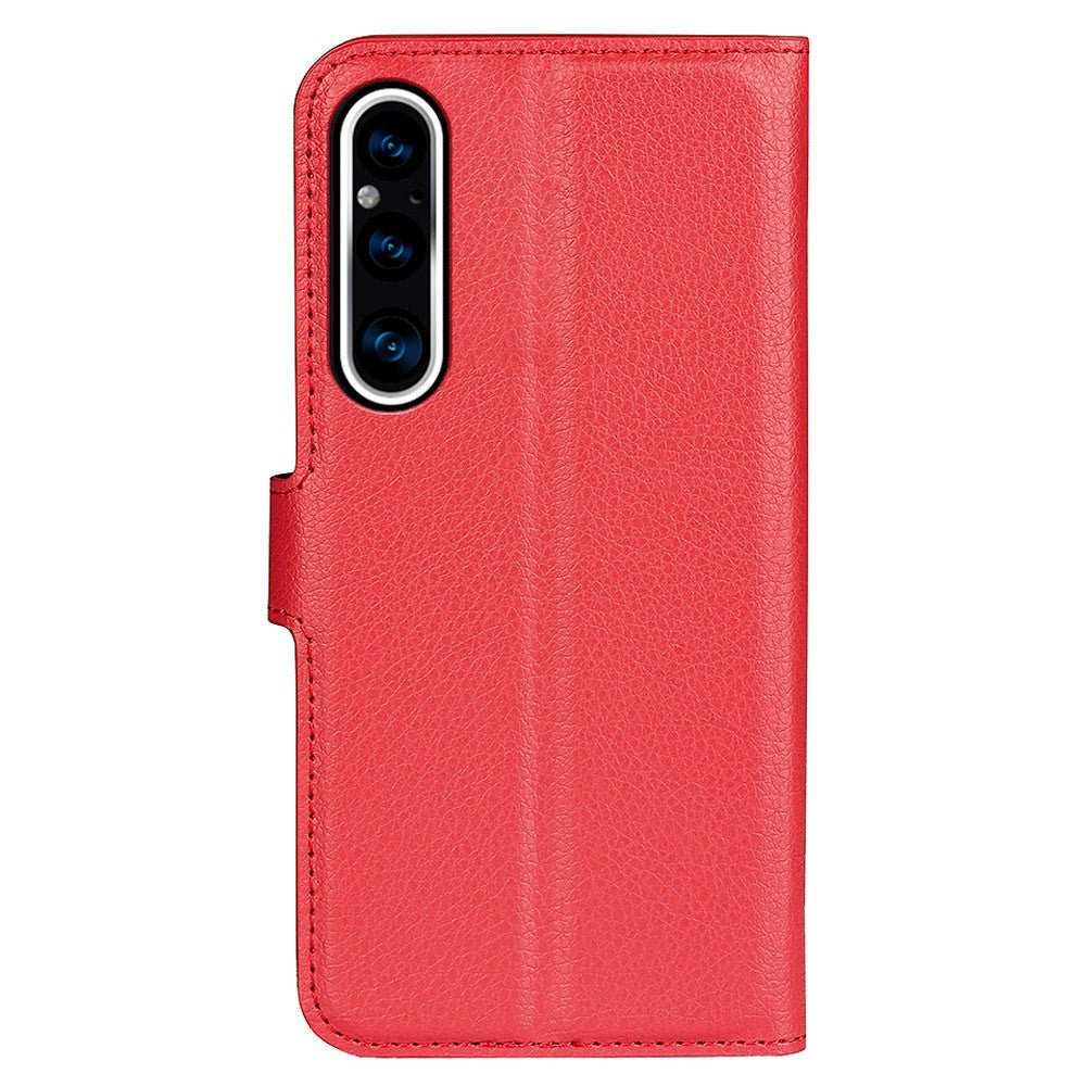 Sony Xperia 1 V Litchi Leather Flip Cover m. Lommebok - Rød