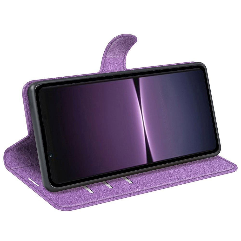 Sony Xperia 1 V Litchi Leather Flip Cover m. Lommebok - Lilla