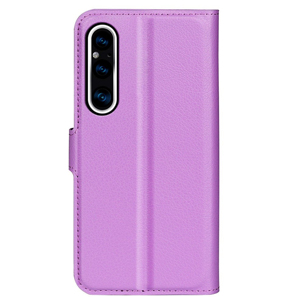 Sony Xperia 1 V Litchi Leather Flip Cover m. Lommebok - Lilla