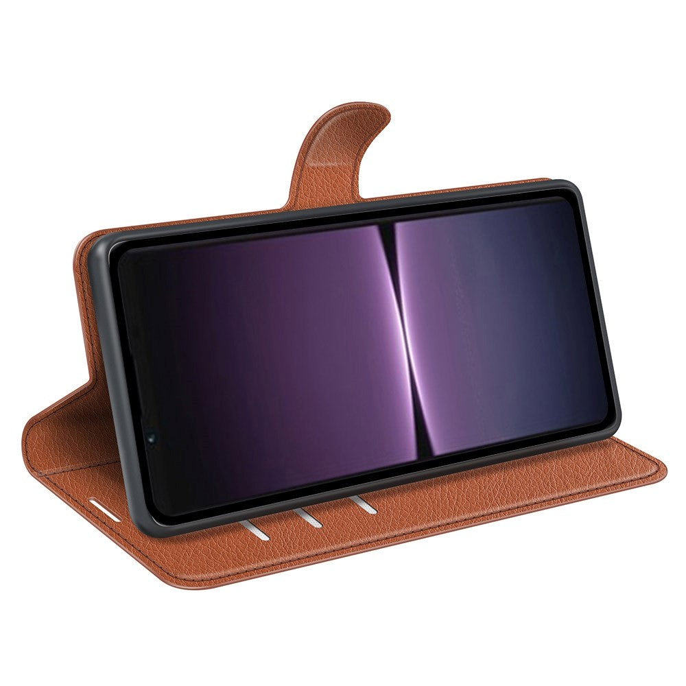 Sony Xperia 1 V Litchi Leather Flip Cover m. Lommebok - Brun