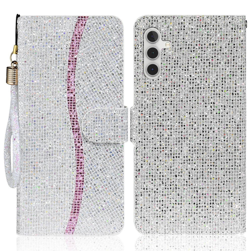 Samsung Galaxy A24 Leather Flip Cover m. Lommebok og stropp - Glitter Design - Sølv