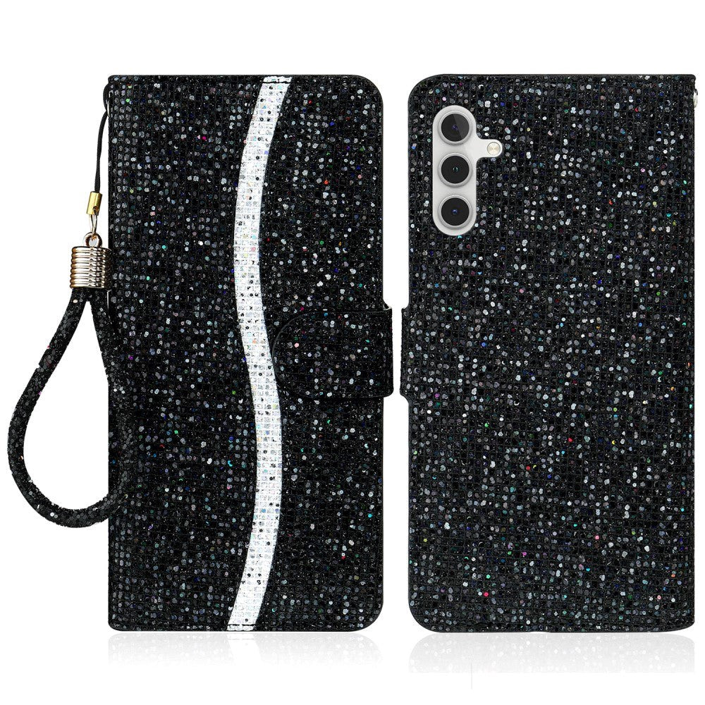 Samsung Galaxy A34 (5G) Flip-deksel i lær m. Veske og stropp - Glitter Design - Svart