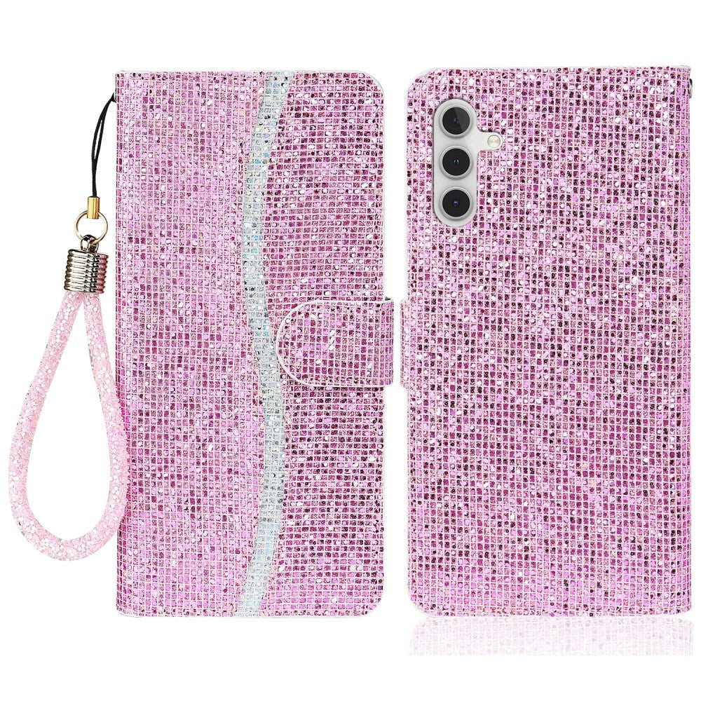 Samsung Galaxy A54 (5G) Flip-deksel i lær m. Lommebok og stropp - Glitter Design - Rosa