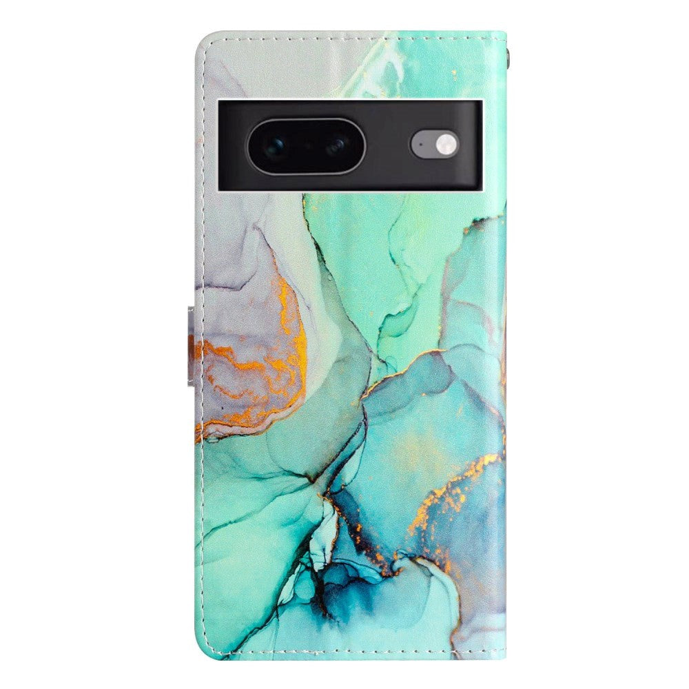 Google Pixel 7 Kunst Læder Flip Cover m. Pung og Strop - Grøn Marmor