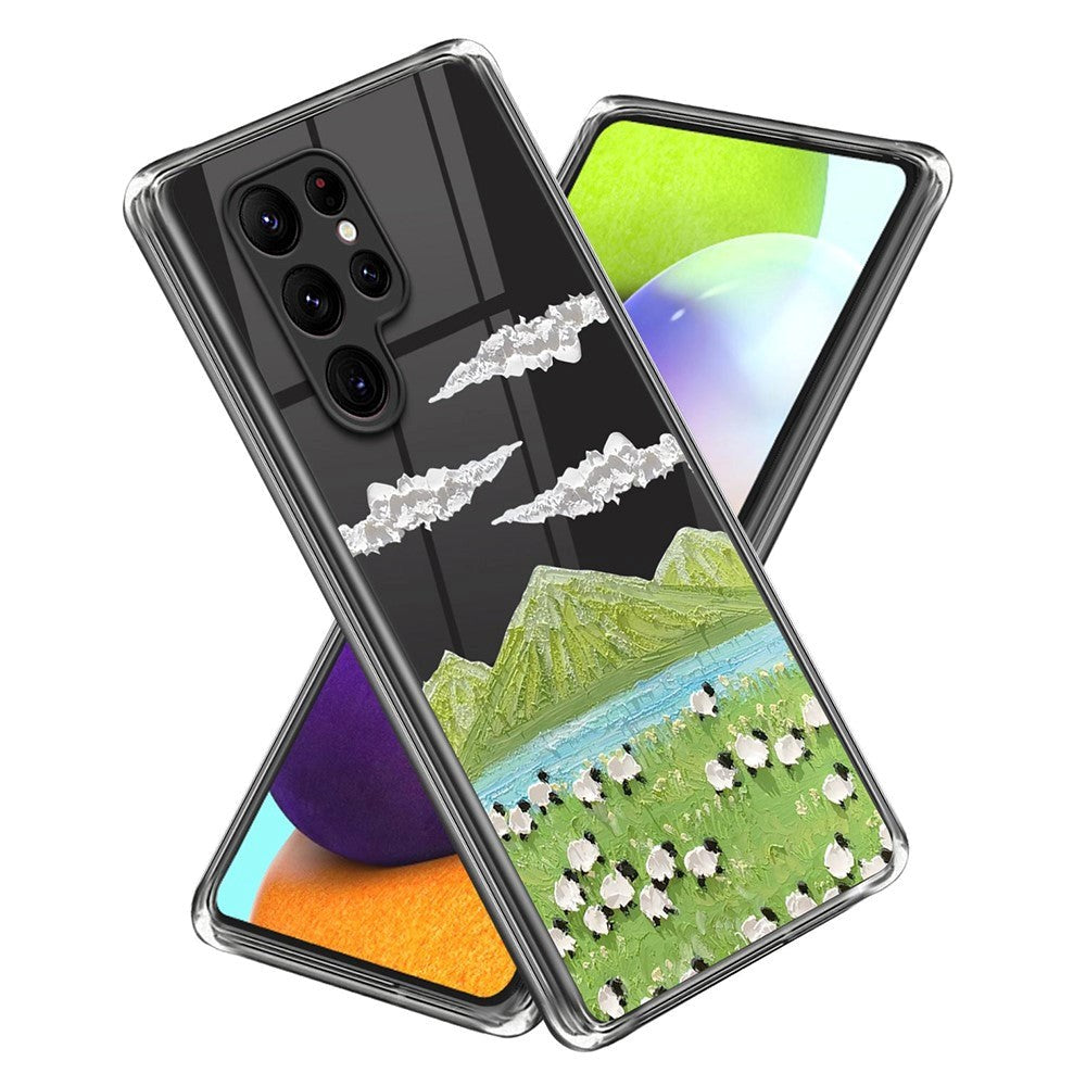 Samsung Galaxy S23 Ultra Plastik Transparent Bagside Cover m. Motiv - Landskab med Får