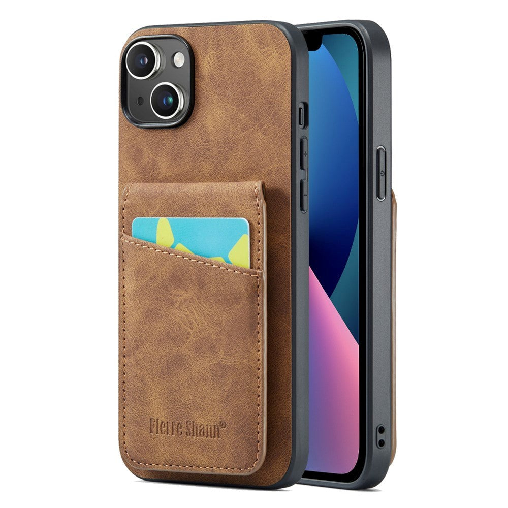 iPhone 13 skinnbelagt plastbakdeksel m. Kortholdere og stativfunksjon - brun