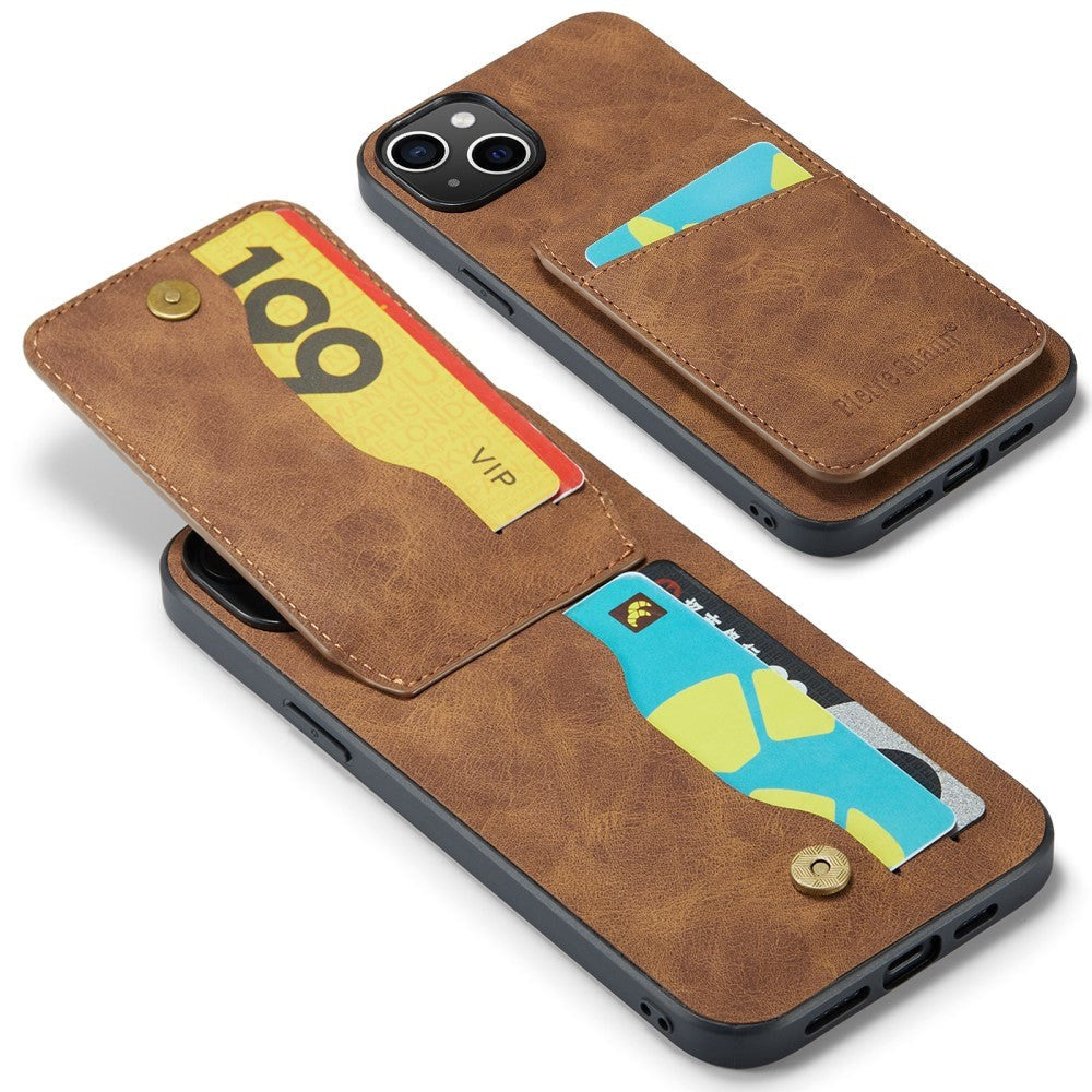 iPhone 13 skinnbelagt plastbakdeksel m. Kortholdere og stativfunksjon - brun