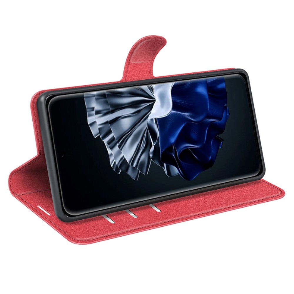 Huawei P60 Pro Litchi Leather Flip Cover m. Lommebok - Rød