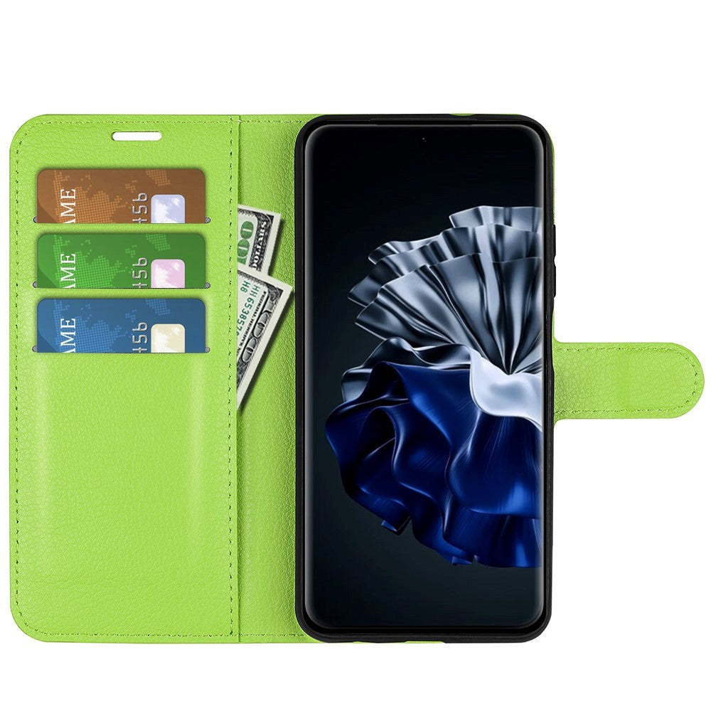 Huawei P60 Pro Litchi Leather Flip Cover m. Lommebok - Grønn