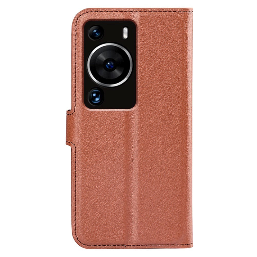 Huawei P60 Pro Litchi Leather Flip Cover m. Lommebok - Brun