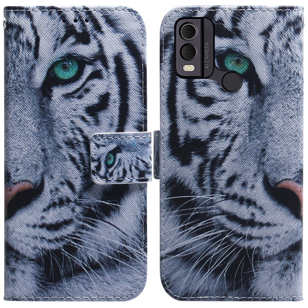 Nokia C22 Leather Flip Cover m. Lommebok og trykk - Tiger