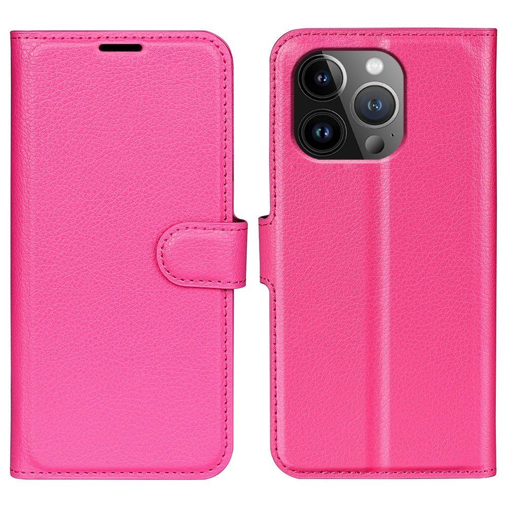 iPhone 15 Pro Max Litchi Leather Flip Cover m. Lommebok - Rosa