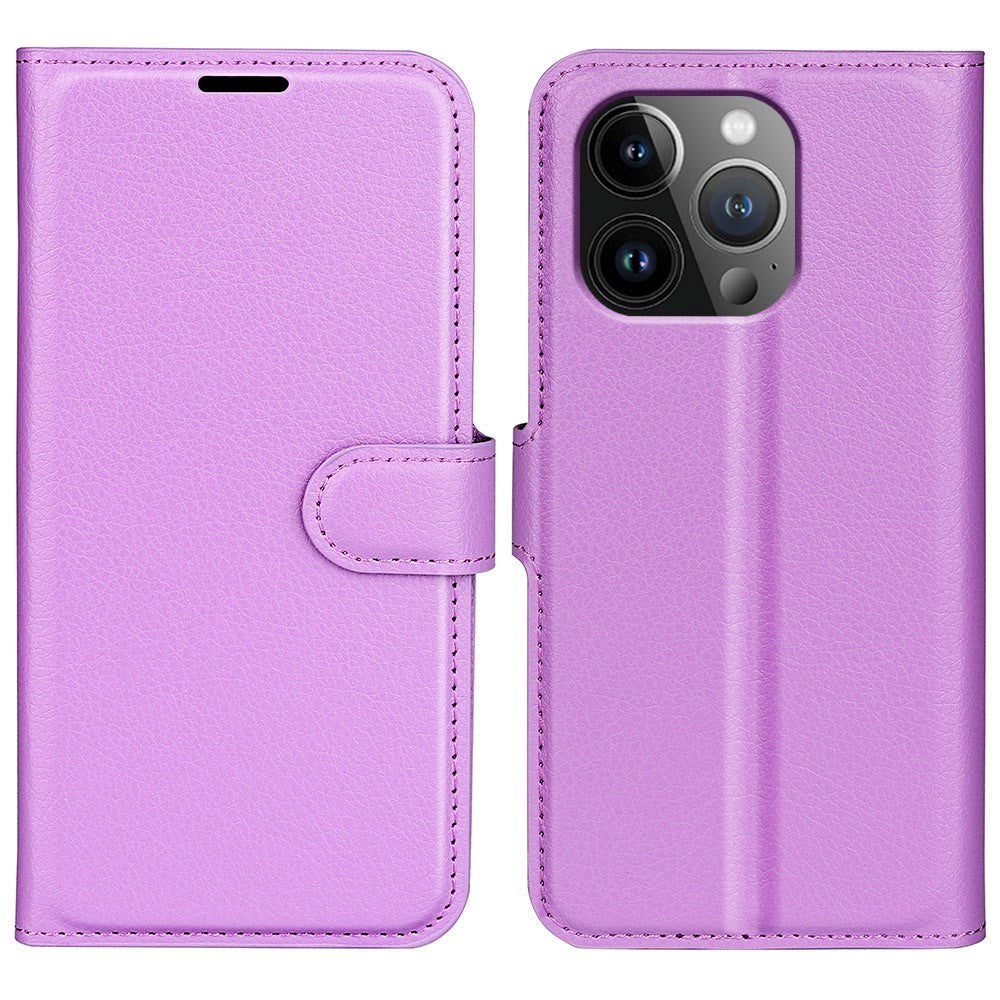 iPhone 15 Pro Max Litchi Leather Flip Cover m. Lommebok - Lilla