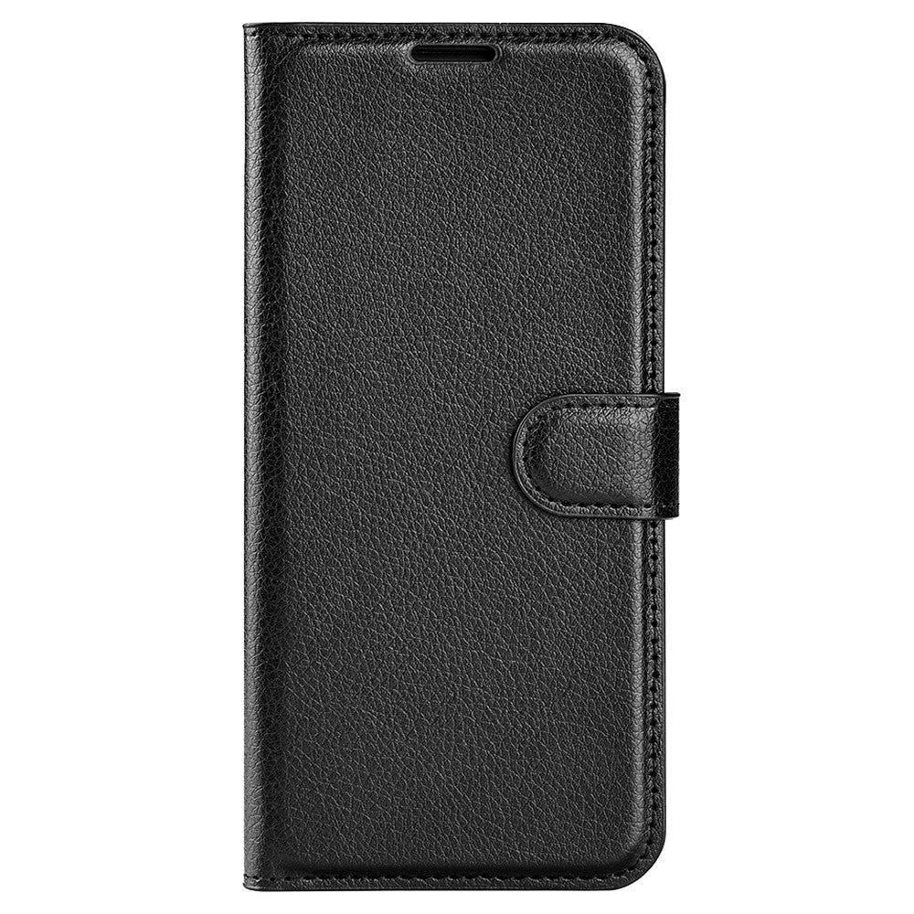 iPhone 15 Pro Litchi Leather Flip Cover m. Lommebok - Svart