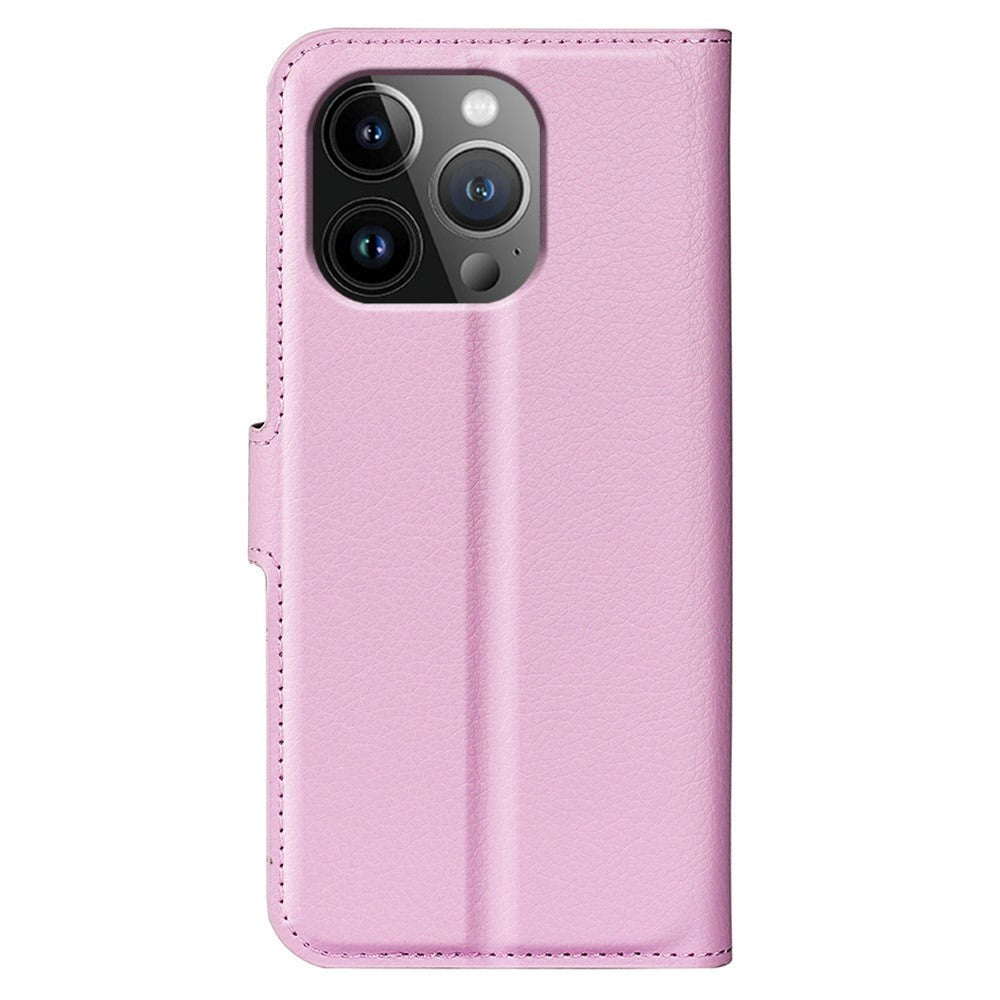 iPhone 15 Pro Litchi Leather Flip Cover m. Lommebok - Rosa