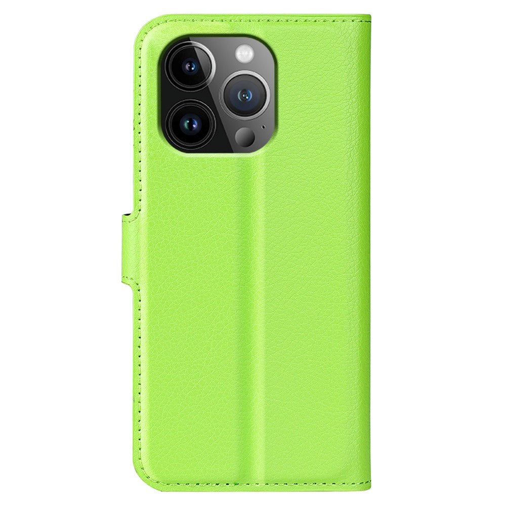 iPhone 15 Pro Litchi Leather Flip Cover m. Lommebok - Grønn