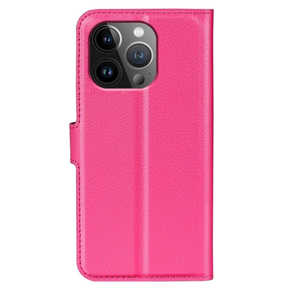 iPhone 15 Pro Litchi Leather Flip Cover m. Lommebok - Rose