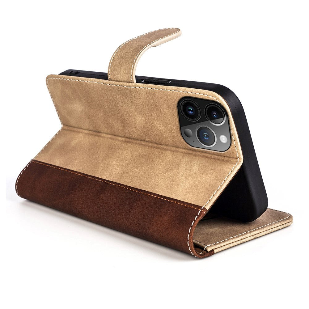 iPhone 15 Pro flerfarget flip skinndeksel m. Lommebok - Mørk / Lysebrun